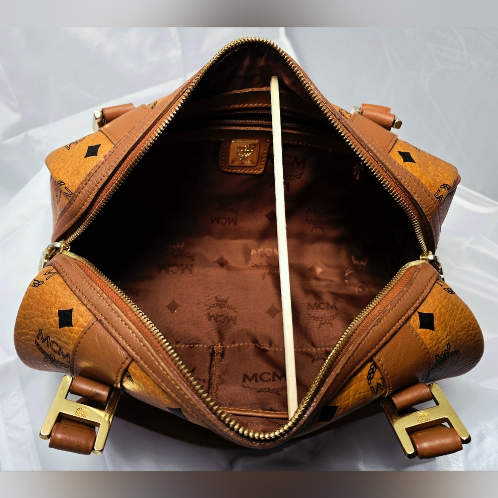 MCM Visetos Monogram Leather Barrel Shoulder Bag in Cognac Brown - Picture 12 of 14